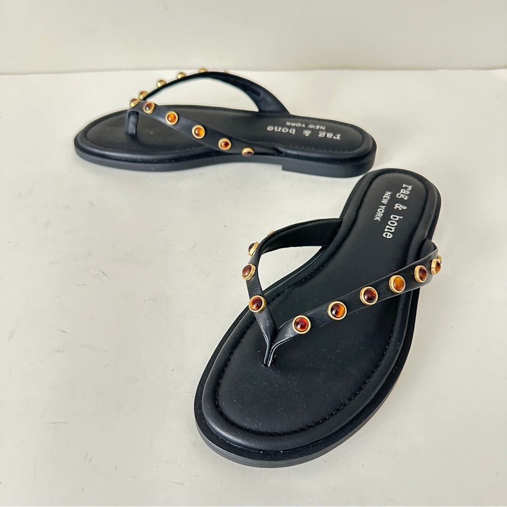 NEW Rag & Bone Cabochon Gia Black Thong Women's Sandals, Sz 7
